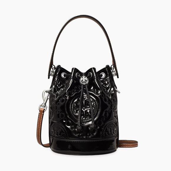 NWT Tory Burch Mini T Monogram Puffy Patent Leather Bucket Bag Crossbody Black - Picture 1 of 12